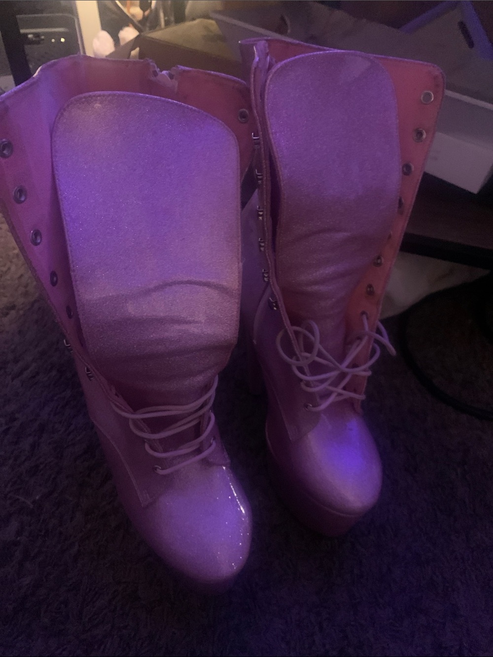 Pleaser Pink Glitter Lace-Up Platform Boots